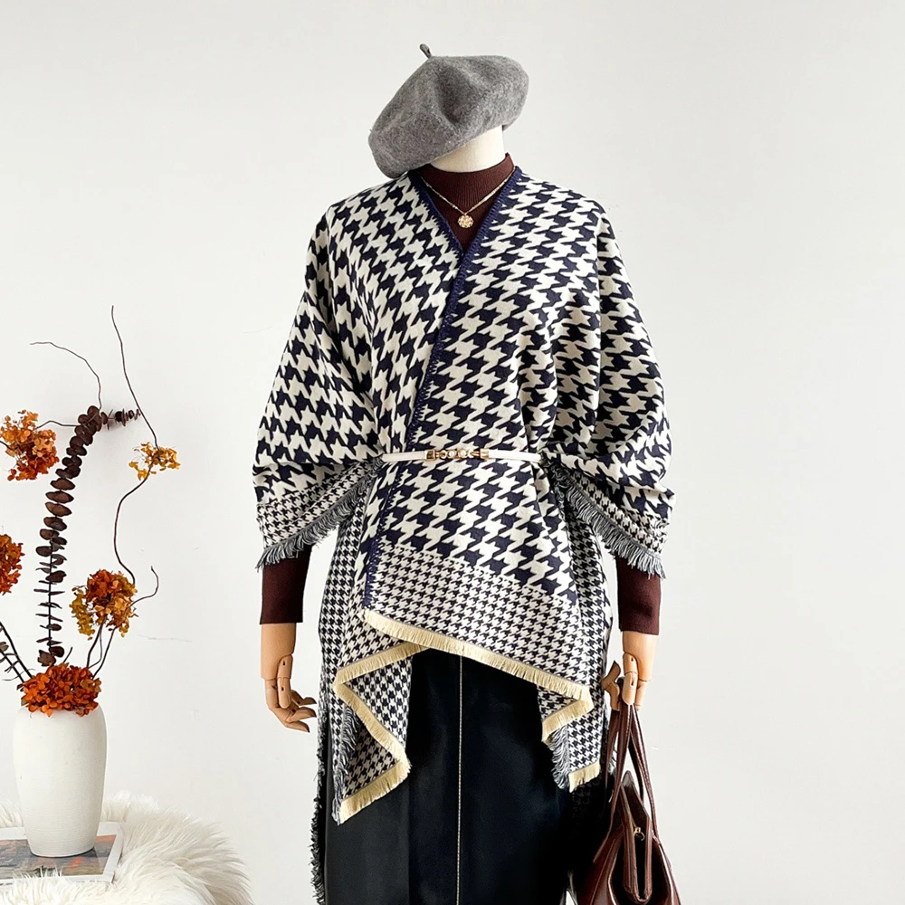 

Fashion Classic Houndstooth Wool Blends Shawl Cape Long Poncho Soft Thick Wraps Women Autumn Winter Warm Vintage Blanket