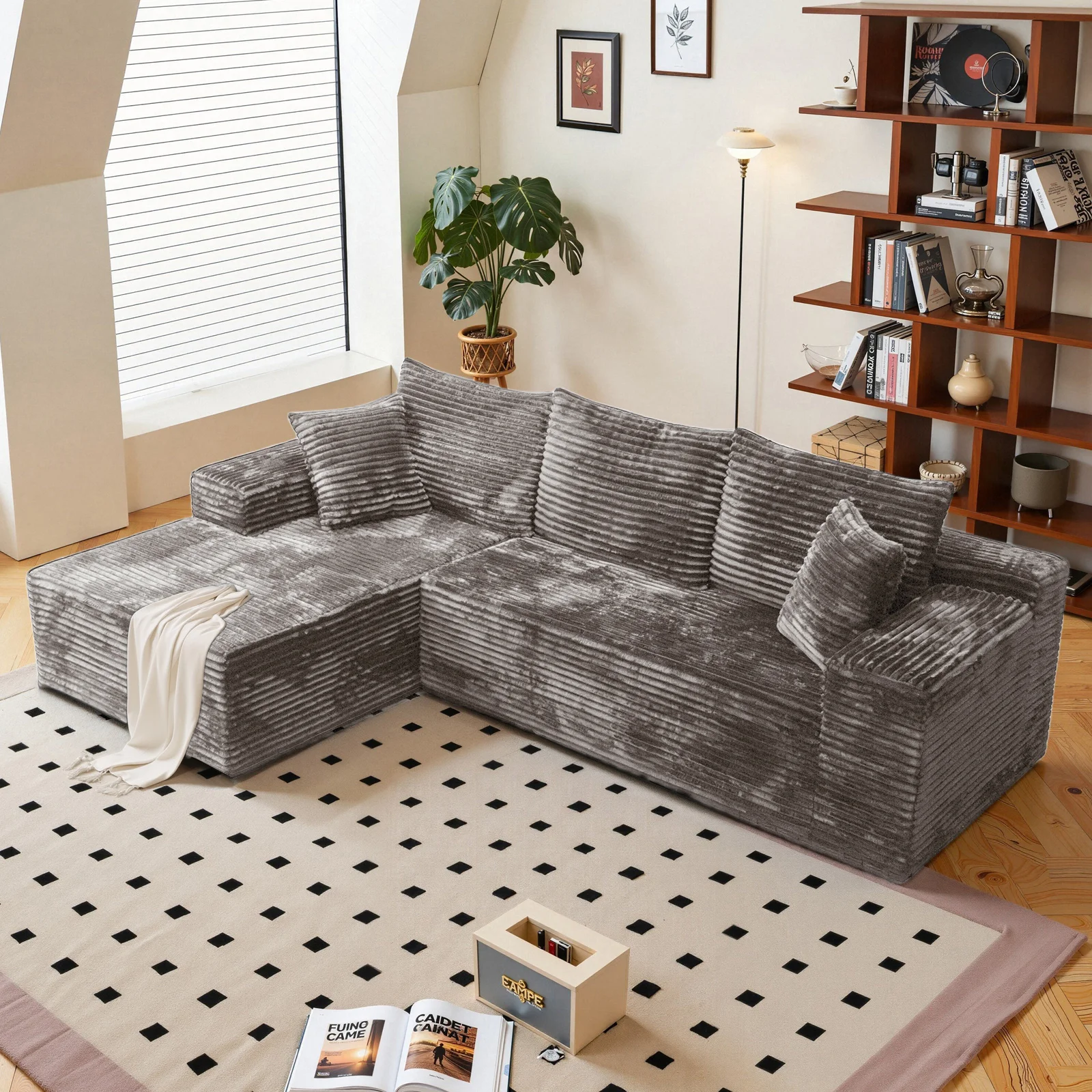 Modern Minimalist Wide Vertical Striped Corduroy Modular L-Shaped Corner Sofa, Freely Combinable Cloud Sectional Couch with Chaise Lounge, Oversized Deep Seat No Assembly Lazy Cube Sofa with Throw Pillows, Home Furniture for Modern Living Room & Apartment