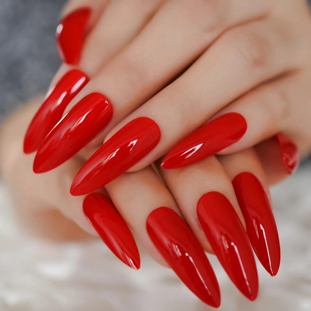 Extra Long Stiletto Red False Nails Tips Pointed Stilettos Press On Nails For Fingers Full Cover with Glue Sticker