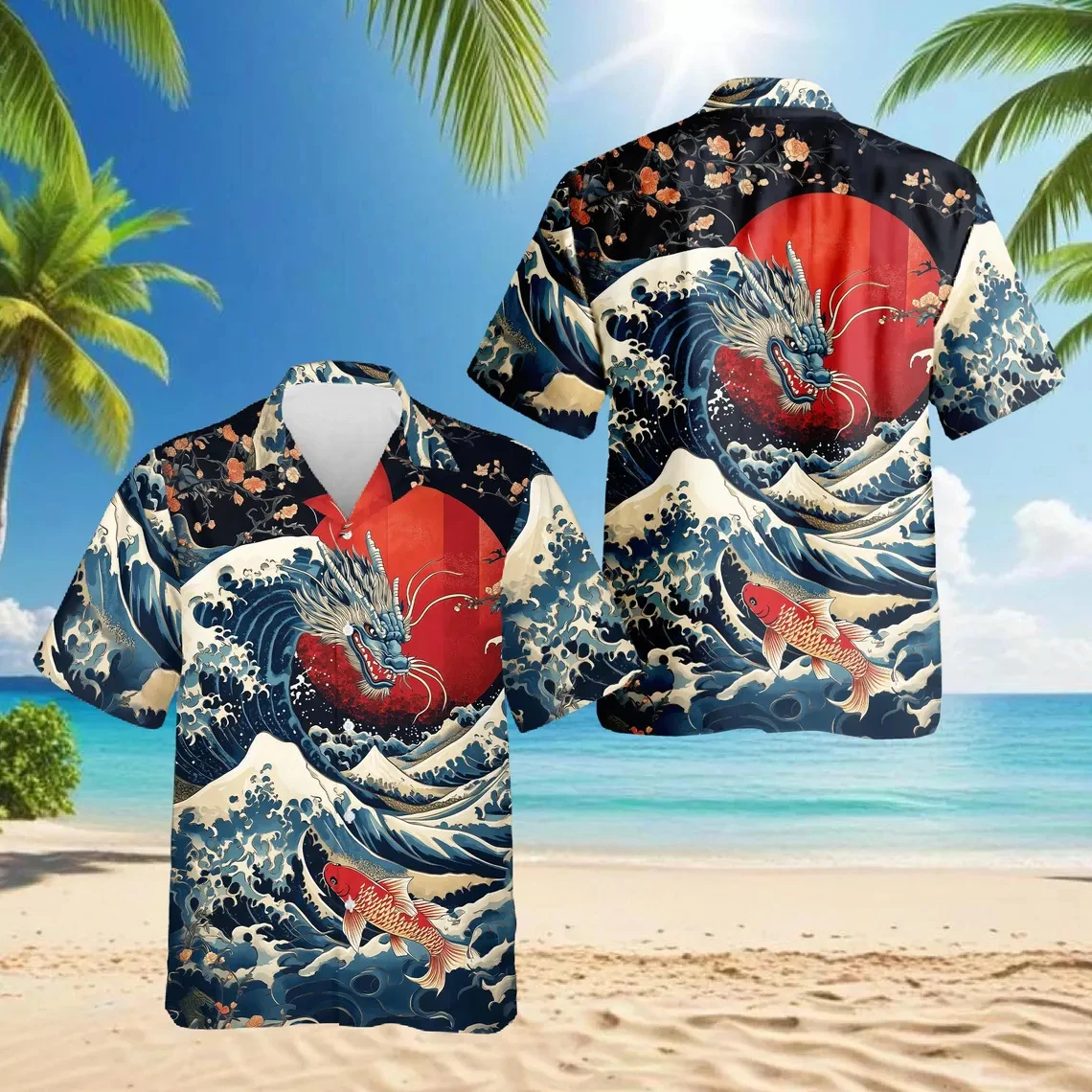 

Mens Japanese Temple Cherry Blossom Dragon Print Hawaiian Shirt Vintage Ukiyo E Pagoda Floral Short Sleeve Casual Aloha Shirts