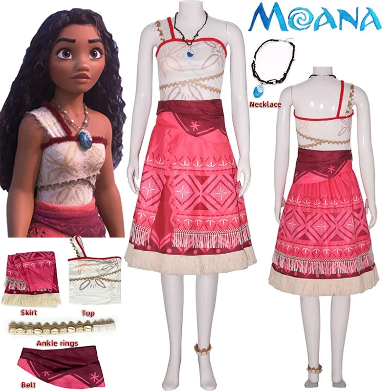 Girls Women Moana Cosplay Costume Wig Vaiana Princess Dress Necklace Full Set Uniform Suit Adult Halloween Carnival Party Role