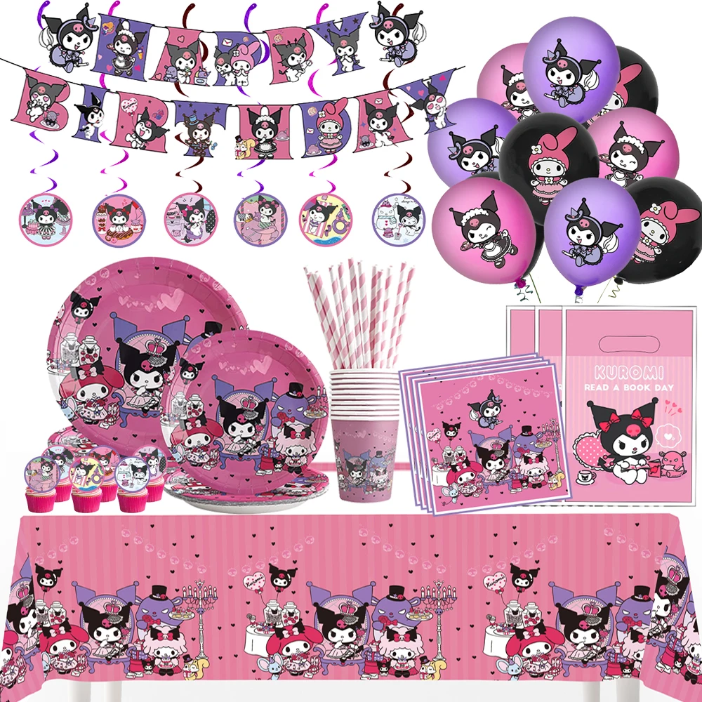 My Melodying Theme Kuromi Birthday Party Decoration Sanrio Spirit Party Supplies Pink Tablecloth Cups Balloons 9inch Plates Toy