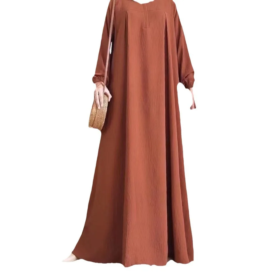 New Arrival Middle Eastern Muslim Women's Solid Color Puffed Sleeve Abaya - Round Neck, Front Placket Zipper, Elastic Cuffs