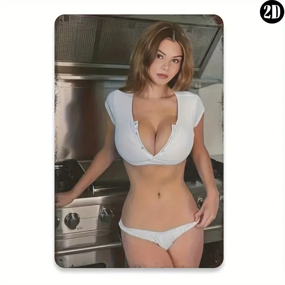 Vintage 2D-Metallblechschild – Küchenwanddekoration mit der Aufschrift „Blonde in White Cropped Deep V Top“.