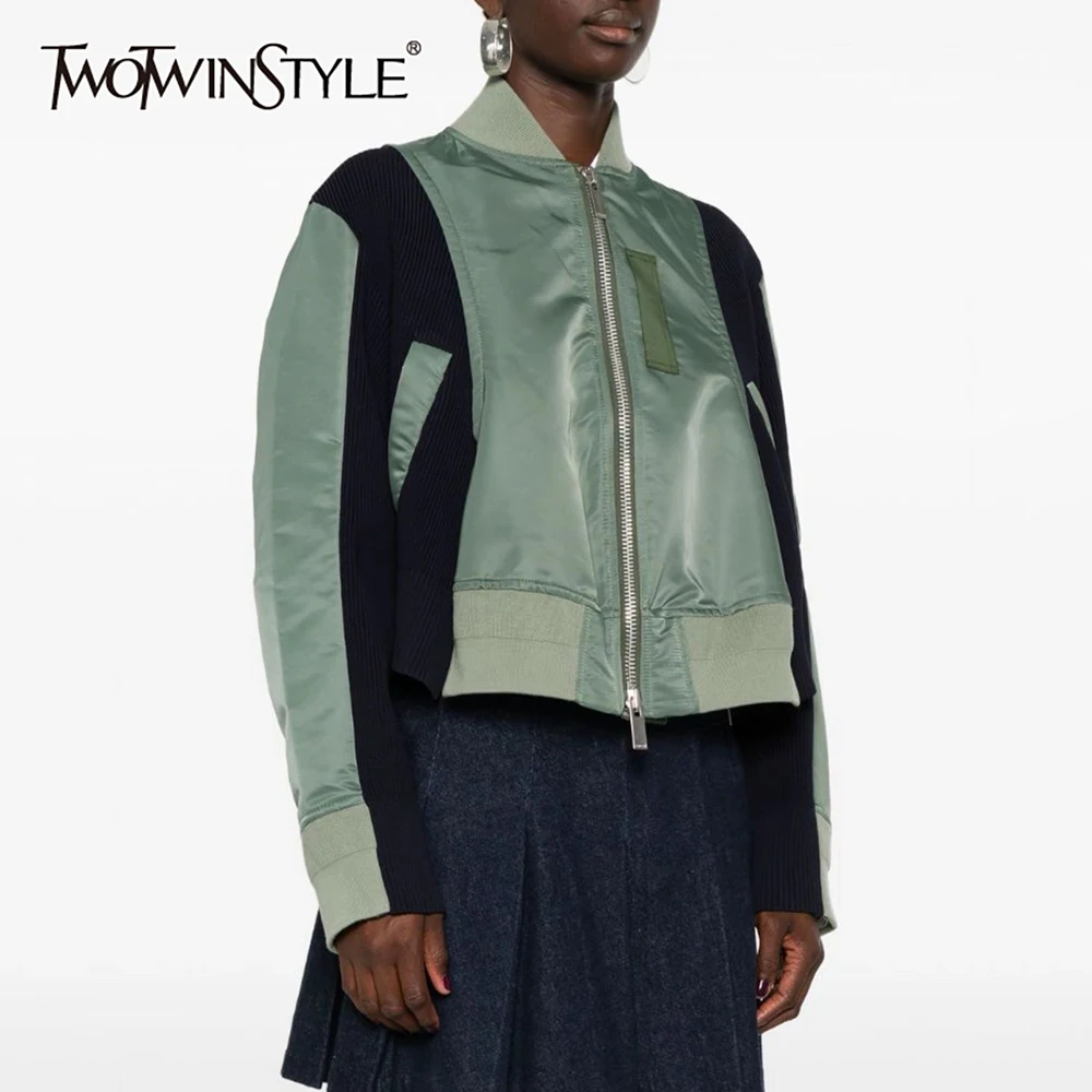 TWOTWINSTYLE Hit Color Patchwork Zipper Coats For Women Stand Collar Long Sleeve Spliced Pocket Casual Loose Jackets Female New