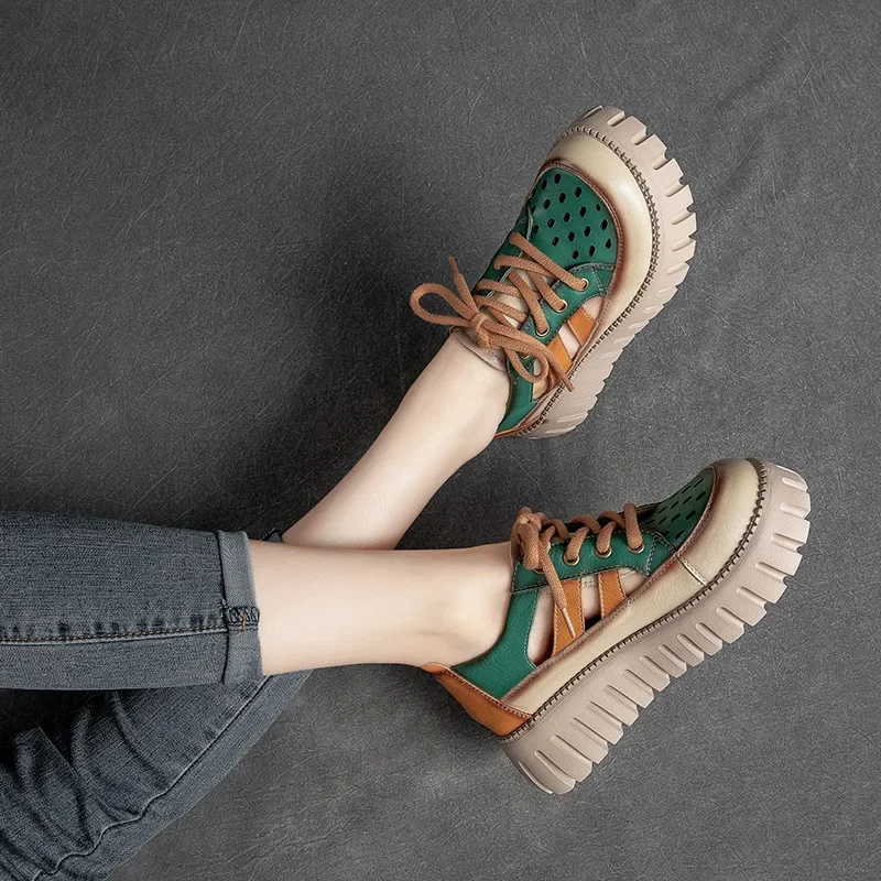 Careaymade-Genuine leather Thick Bottom Women's Summer  Color Matching Lace Up Muffin Bottom Casual Hollow Out Single Shoes