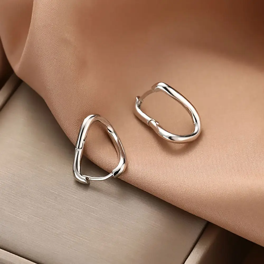 925 Sterling Silver Plain Hoop Stud Earrings New Women\'s Geometric Ear Studs Silver Irregular Dislocation Earring Korean Jewelry