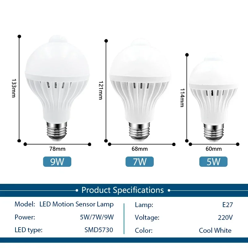 Lámpara LED con Sensor de movimiento PIR, 3W, 5W, 220V, bombilla Led 7W, 9W, 12W, luz infrarroja automática con Sensor de movimiento E27