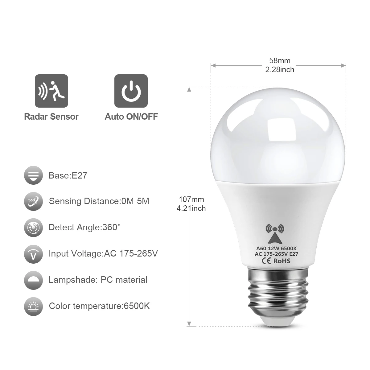 LED 12W 레이더 모션 센서 LED 전구, E27, 220V 레이더 스마트 감지, 민감한 램프, 에너지 절약, 가정용 계단 통로 출입구