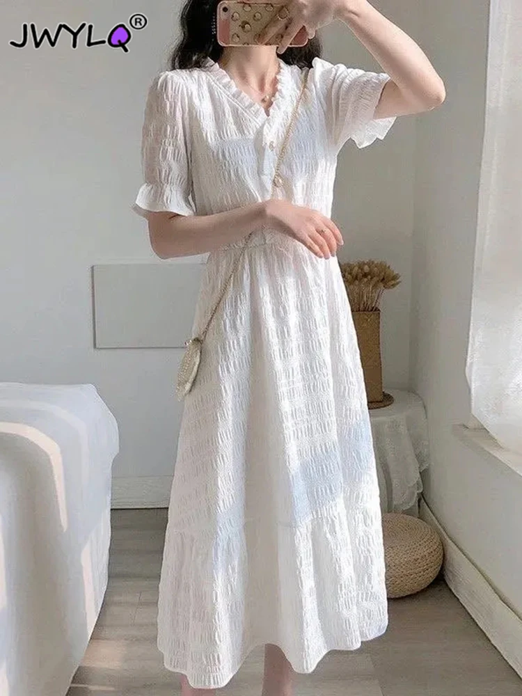 

Summer High-waist V-neck Ruffles Long Dresses Elegant Slim Short Sleeve Dresses For Women New Summer Thin Streetwear White Dress