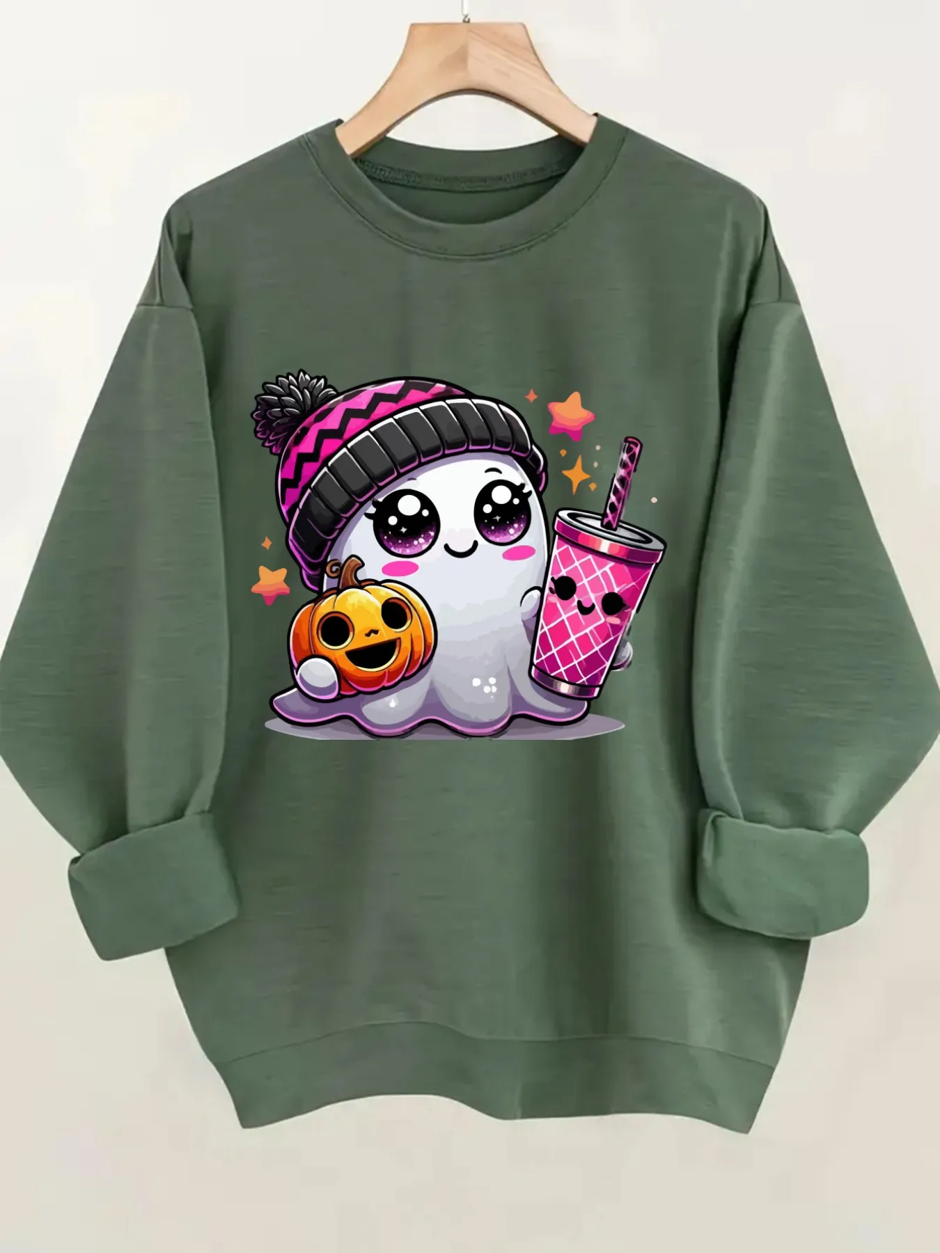 Women's Crew Neck Pullover Sweatshirt Cute Ghost Pattern Design, Soft Casual Long Sleeve, Daily Casual Top Outfit, Winter Women's Clothing, Halloween Costume Outfit