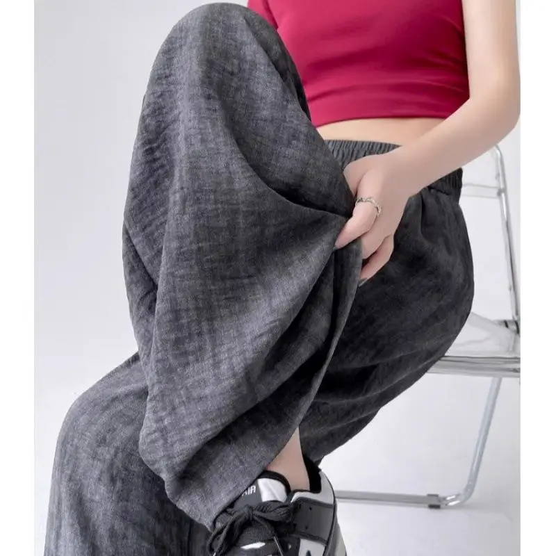 夏用薄手ワイドレッグパンツ レディース 日焼け防止 ハイウエスト ルーズストレートカット アイスシルク コットンリネン 染め加工 ラウンドパンツ