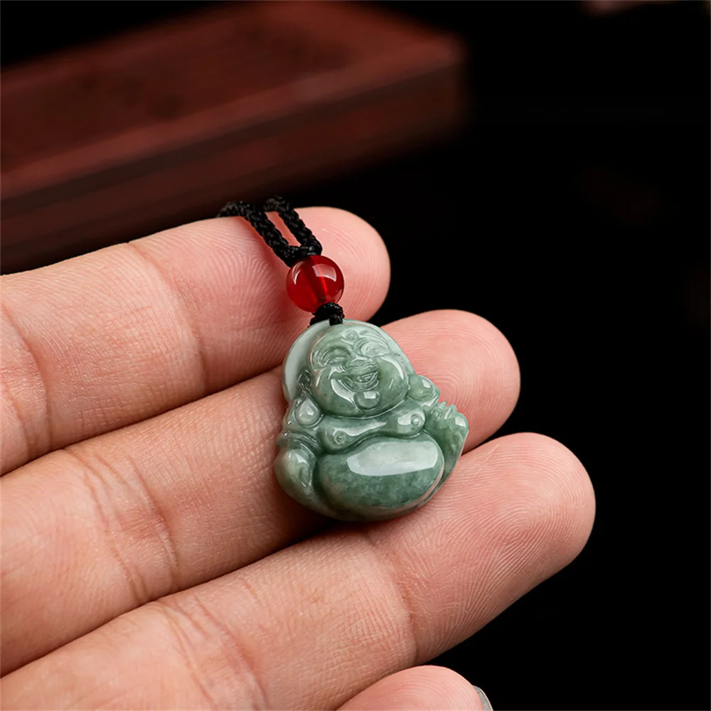 Natural Green Grade A Jadeite Carved Chinese Handwork Small Buddha GuanYin Amulet Pendant Necklace Trendy Woman Man's Jewelry