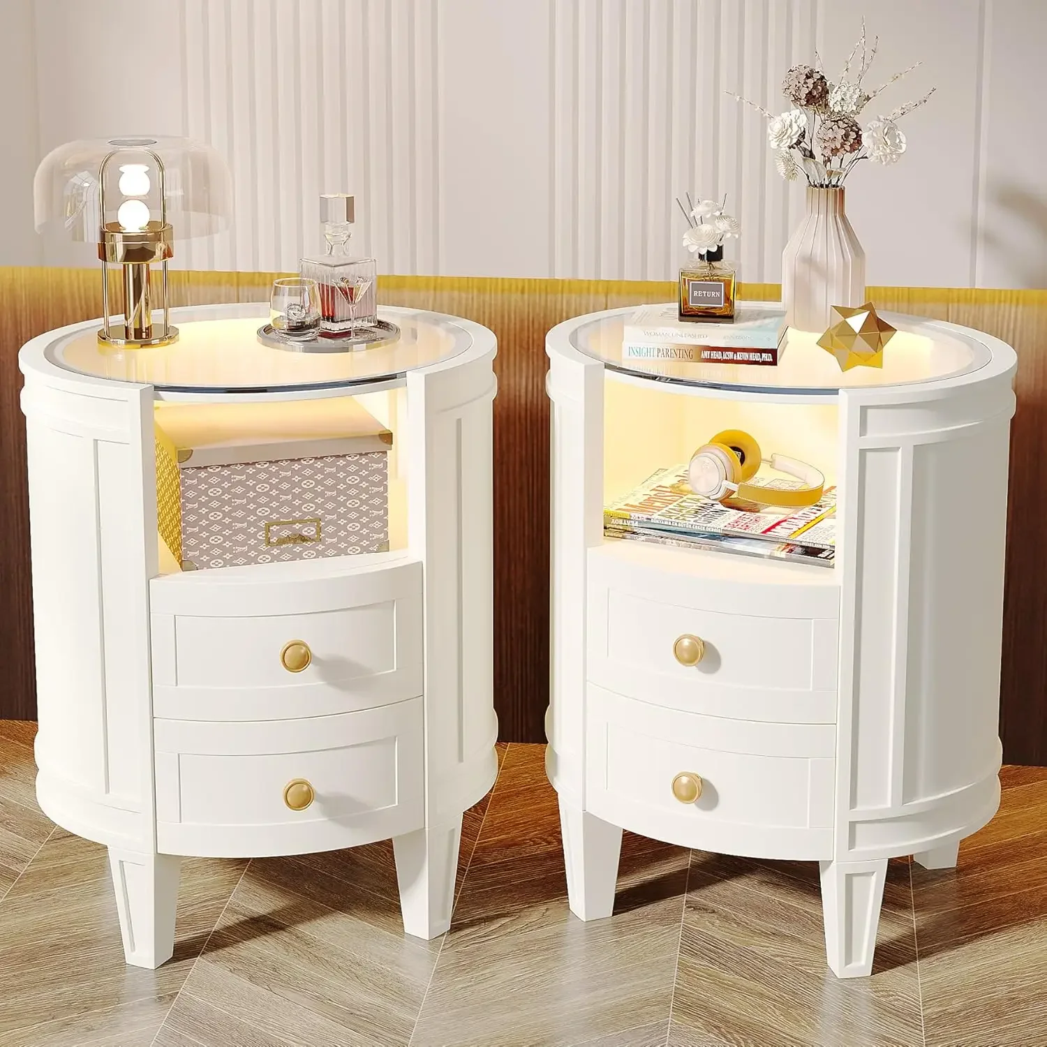 Set of 2 Nightstand with LED Glass Tabletop,Modern Ivory White Nightstand with 2 Drawers,No Assembly Required,Oval Bedside Table