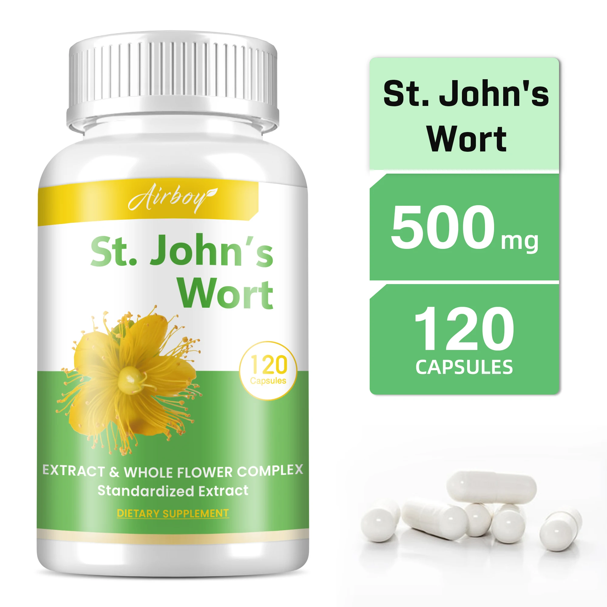 

St. John's Wort Capsules - Improve Mood, Promote Mental Health, Relieve Stress, and Enhance Cognition - 120 Capsules