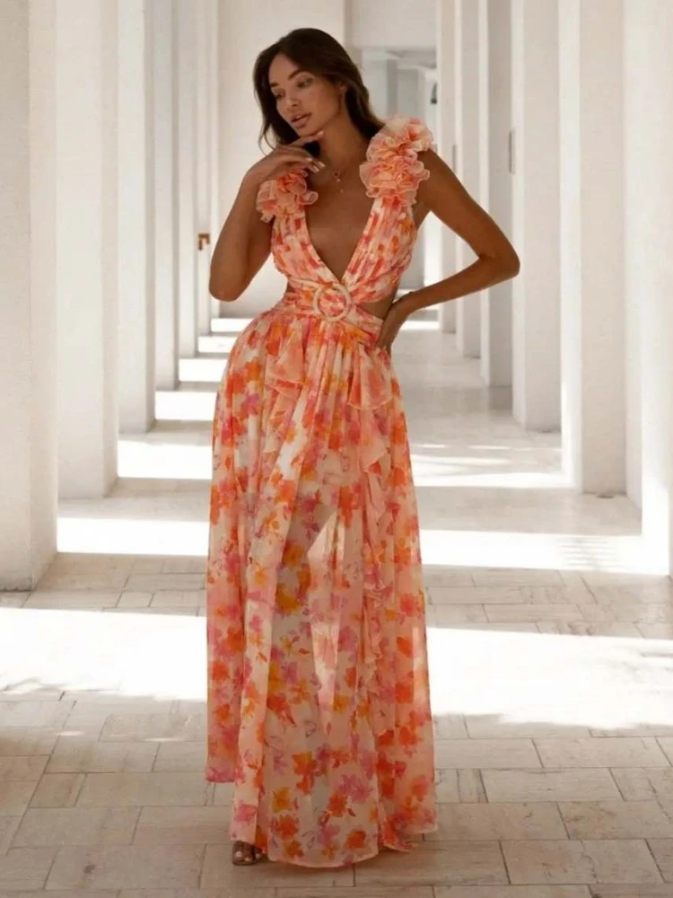 Sexy Pink Printed Deep V Neck Hollow Out Dress Women Sleeveless