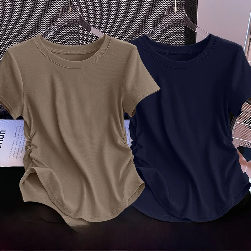 Ele ort Sve T-shirt da donna estiva con cuciture in vita pieghettate, semplice e versatile, coreana, per i pendolari