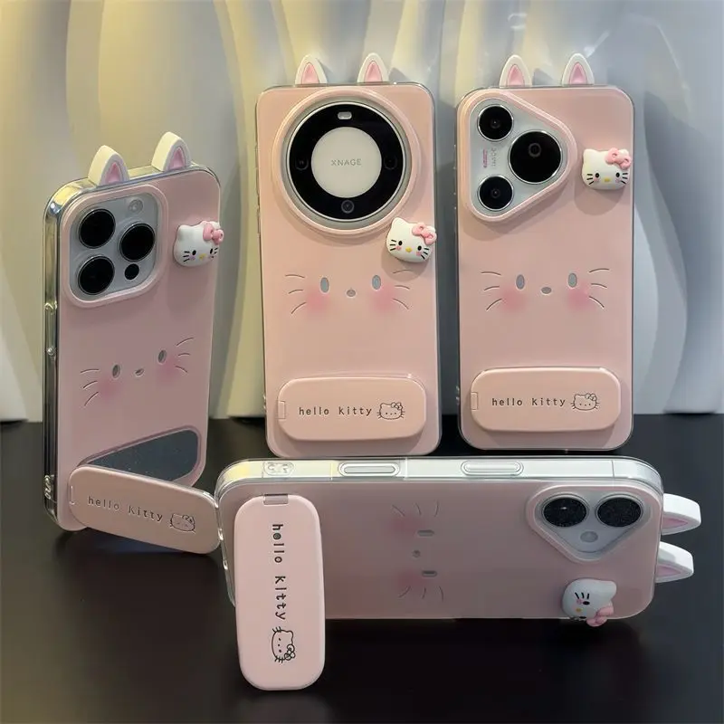 

Cartoon Pink Hello Kitty Phone Case for iPhone 16 Pro Max 15 Pro 14 Plus 13 12 Full Coverage Mirror Stand Phone Protective Cover
