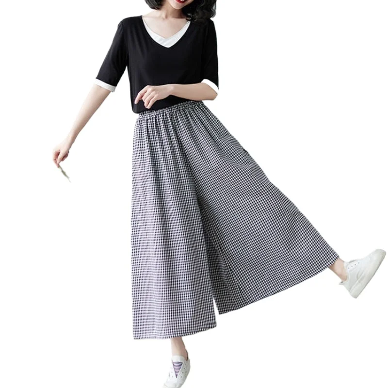 M-3XL Pantaloni scozzesi a gamba larga Donna Moda estiva Lunghezza caviglia Casual Elegante stile coreano Temperamento All-match Comodo Baggy