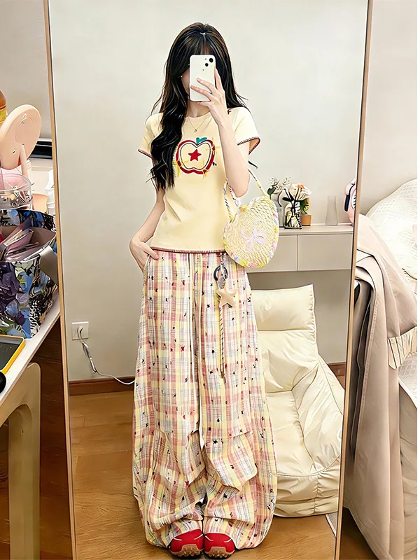 

Sweet Embroidery Short Sleeve Wide Leg Pants Set for Female Students Summer New Style Breathable Lightweight Casual Suit