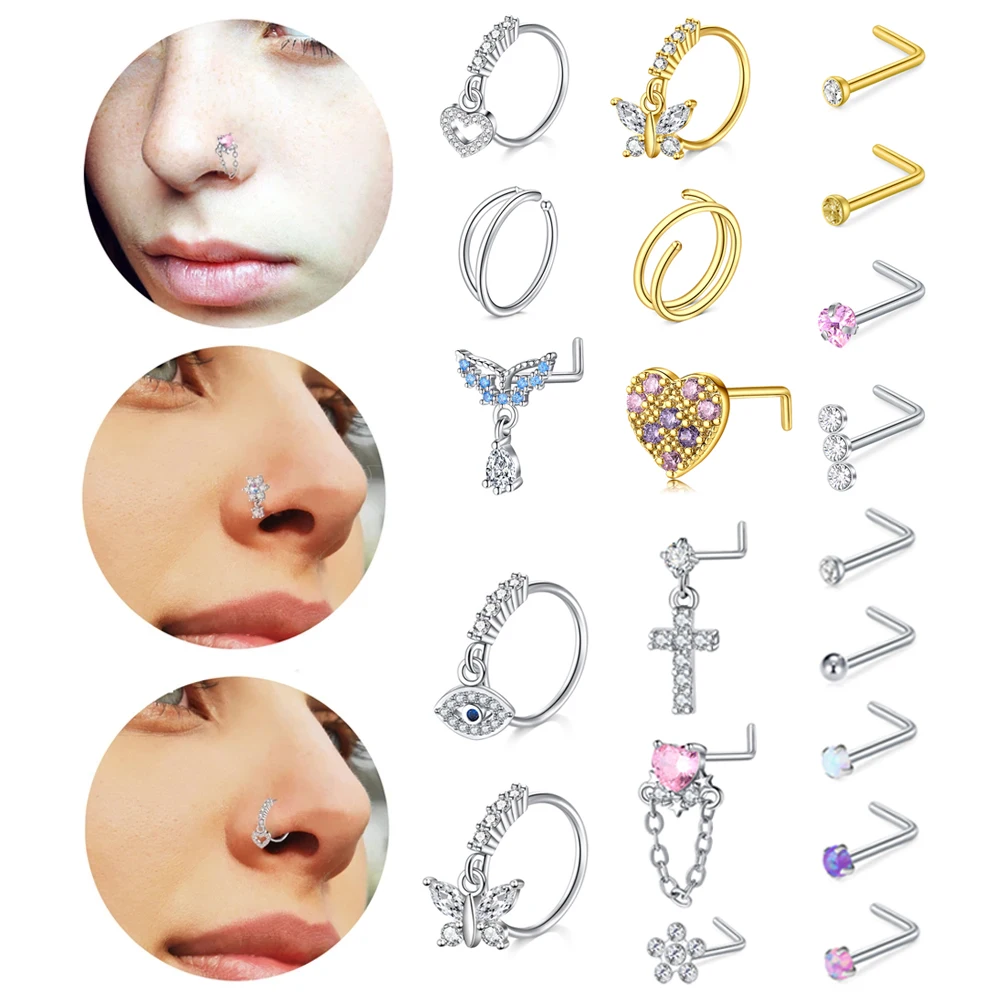 10Pcs  Nose Rings Studs for Women Surgical Steel 18/20G Nose Hoop Corkscrew L Shaped Nose Stud Nose Ring Nose Piercing Jewelry