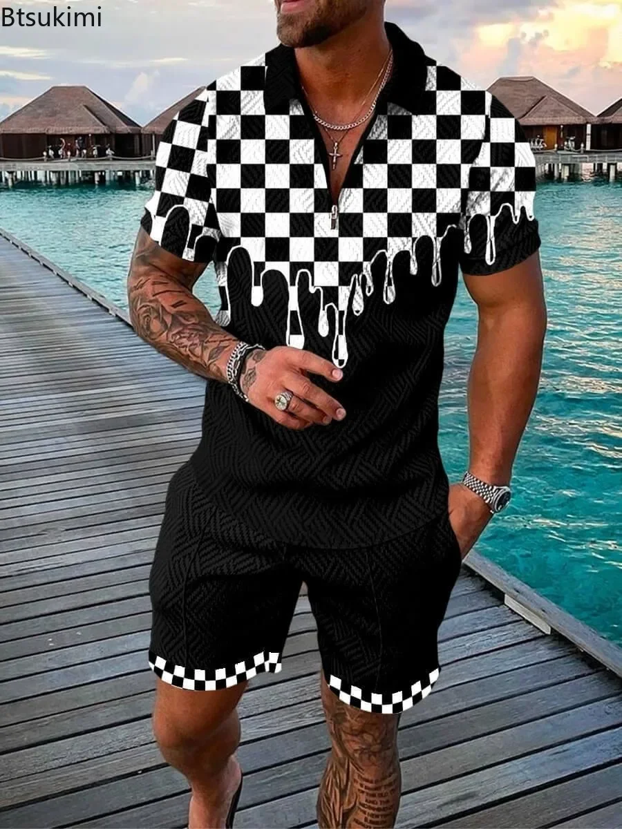 2025 Men's Summer Suit Sets 3D Printing Zipper Polo Shirt + Shorts Two Piece Set Soft Fashion Casual Men Clothing Tracksuit Sets
