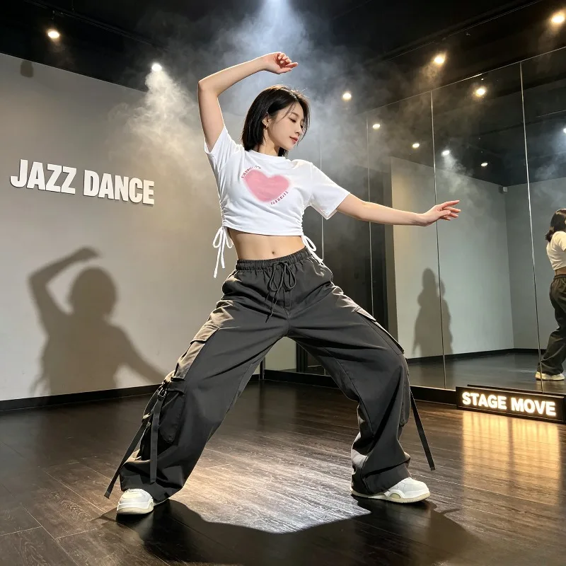 

Women S-2XL Soft Jazz Dance Outfit Set Raglan Crop Cargo Wide Leg Pants Hip Hop KPOP Idol Street Dance Performance Stage Costume