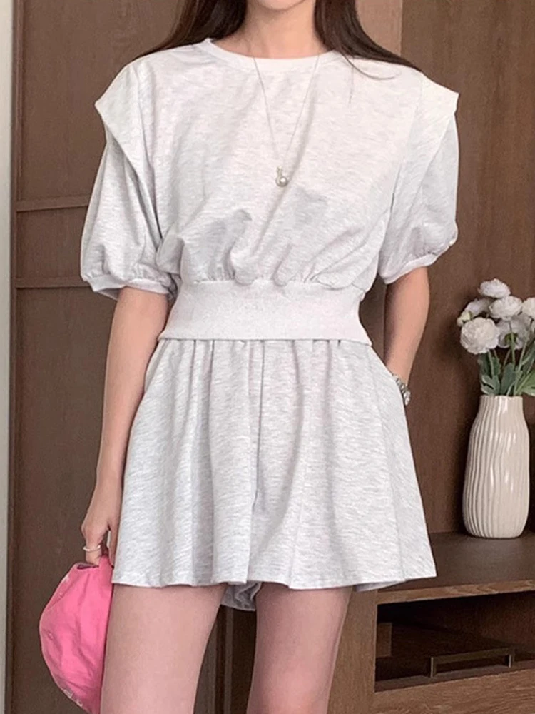 

Chic Summer ort Sve Sweatirt High Waist Wide Leg Casual orts Two Piece Set Women's Faion round Ne Bubble Sve