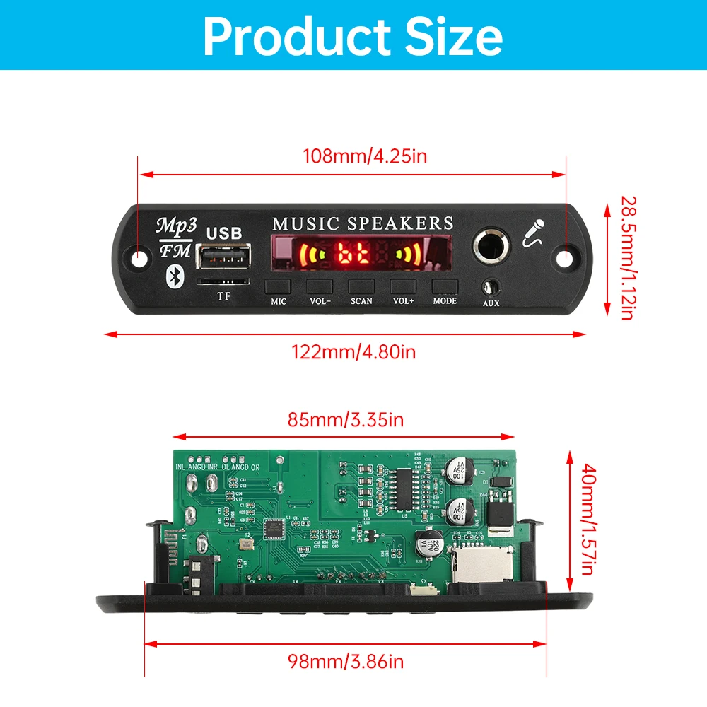 Dc 6-16V Mp3 Bt Decoding Board Audio Decoding Module Bluetooth 5.3 MP3/WMA/WAV/APE/FLAC FM Radio Module with Amplifier