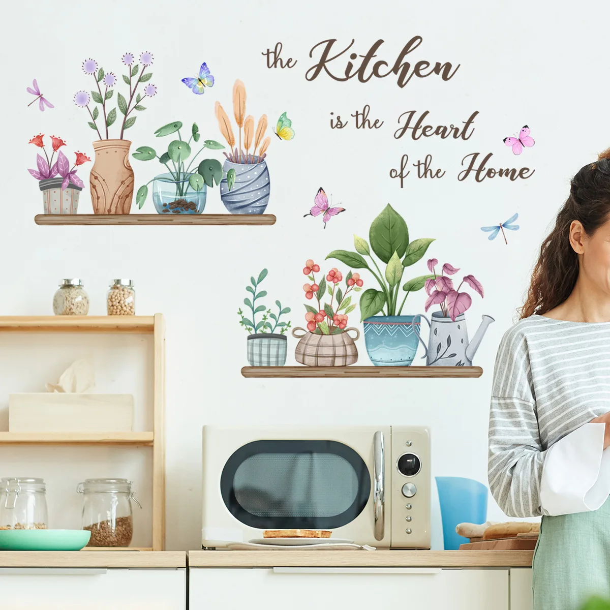 30*90cm English Kitchen Potted Butterfly Wall Sticker Background Wall Kitchen Living Room  Decorative Mural Wall Sticker Ms4252