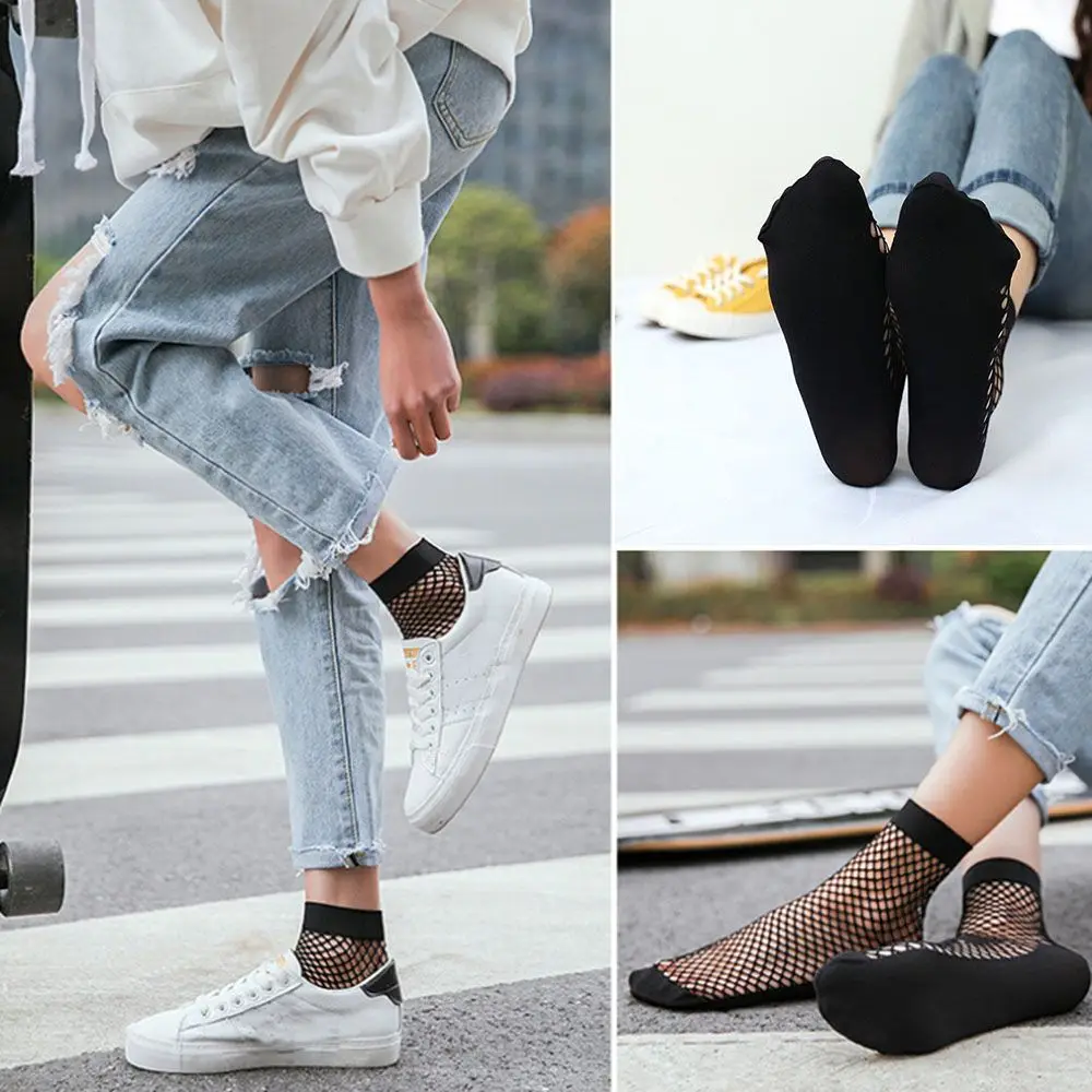 Black Solid Color Fashion Women Hollow Out Lace Fishnet Socks Short Socks Mesh Net Socks Ankle Socks