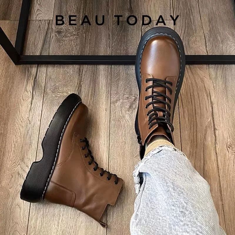 BeauToday Ankle Boots Women Cow Leather Platform Side Zipper Cross-tied Lace Sewing Female Autumn Shoes Handmade 04490