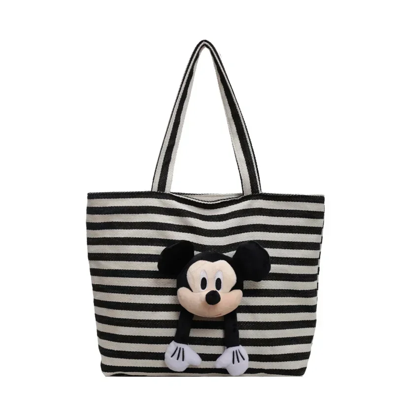 Stripe Canvas Shoulder Bag Women's  Cute Tote Bag Minnie handbag Disney Mickey Mouse Black and White  shopping