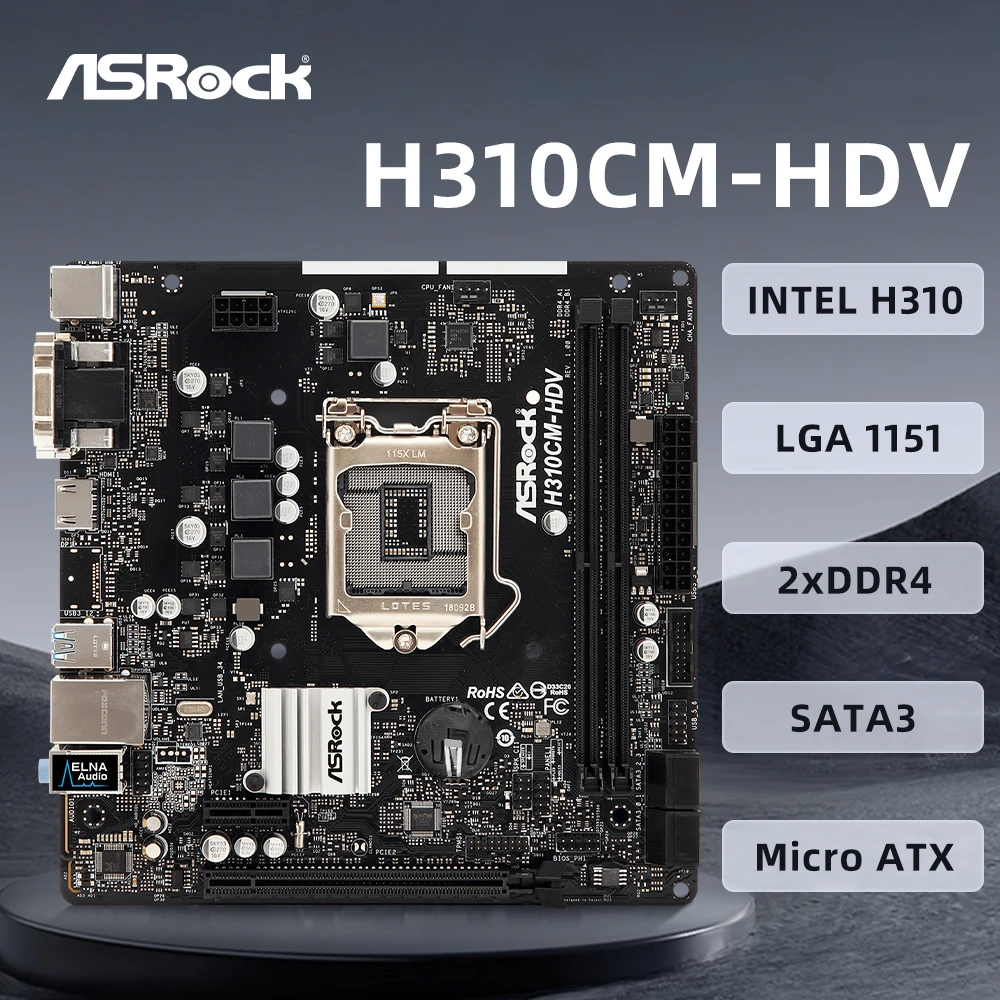 

ASROCK H310M-HDV Motherboard Socket 1151 Supports i7-9700K i5-9400 9600T CPU Intel H310 Chipset 2 x DDR4 4 x SATA3 Micro ATX