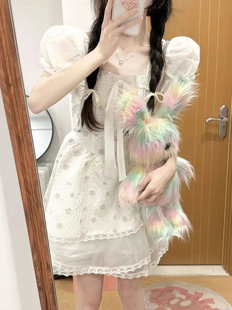 

Bow Sweet Elegant Princess Dress Women Ruffles Design Casual Fairy Mini Dress Female 2024 Autumn Puff Sleeve Korean Party Dress