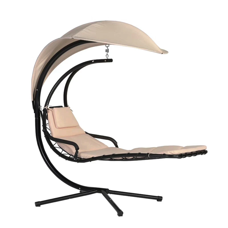 Outdoor Hanging Curved Steel Chaise Lounge Chair Swing w/Built-in Pillow and Removable Canopy