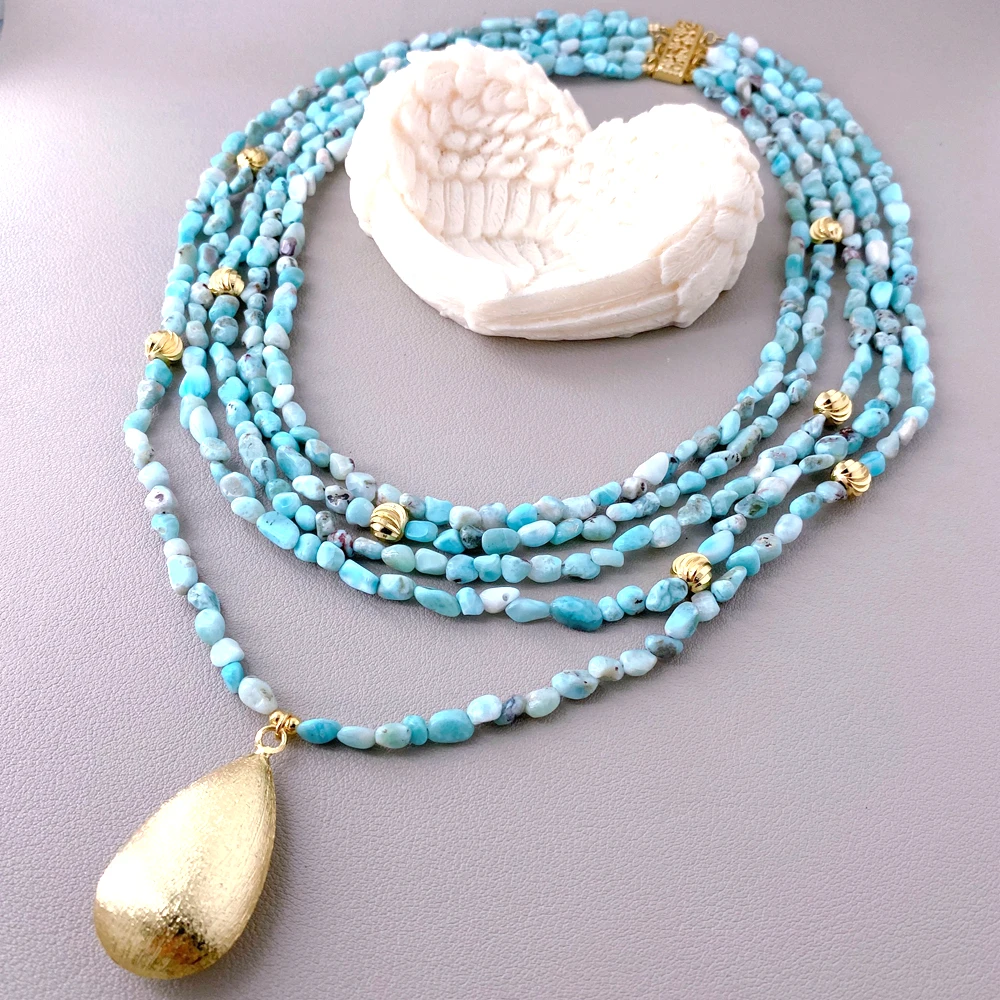 

KKGEM 5-рядные натуральные синие бусины-наггетсы из ларимара, позолоченные матовые подвески-капли, многослойное ожерелье