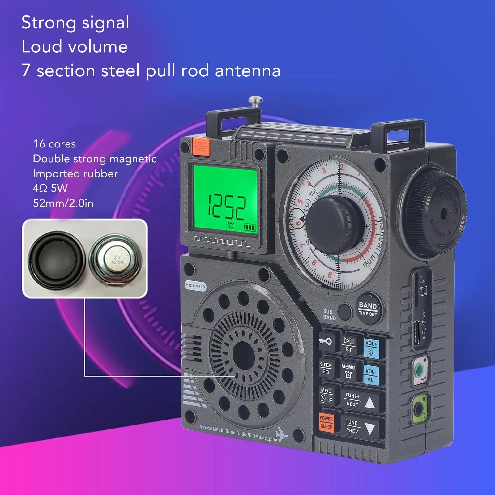 

HRD-A320 Multi Band Radio Support Bluetooth Memory Card SOS Alarm Air Band Radio Receiver with Flashlight for Emergency