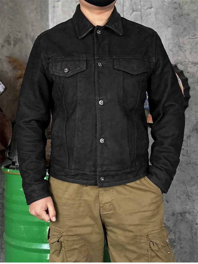 Retro Black Spring Leather Jacket Men Denim Style Plus Size 4XL Genuine Natural Sheepskin Single Breasted Leather Coat