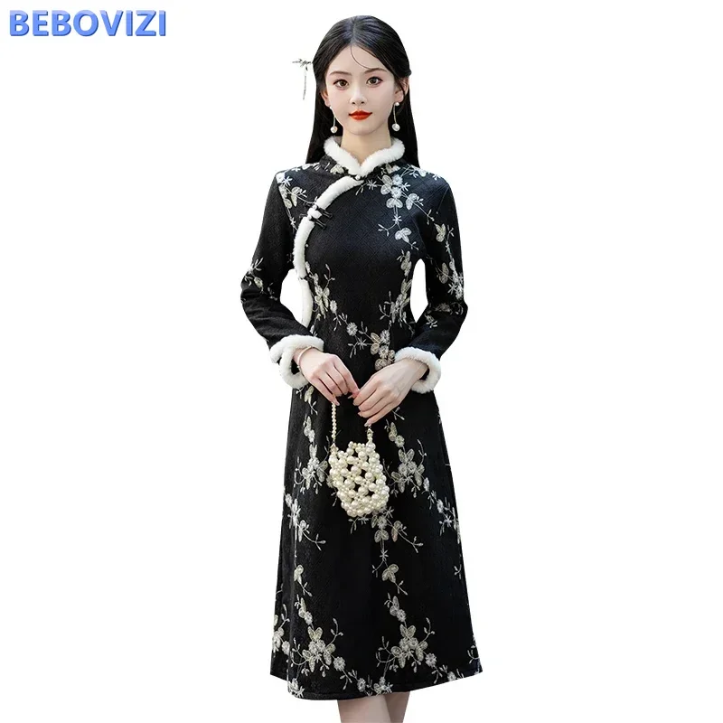 2025 Winter New Printed Black Cheongsam for Women Fashion Chinese Style Traditional Fleece Thick Qipao Dress