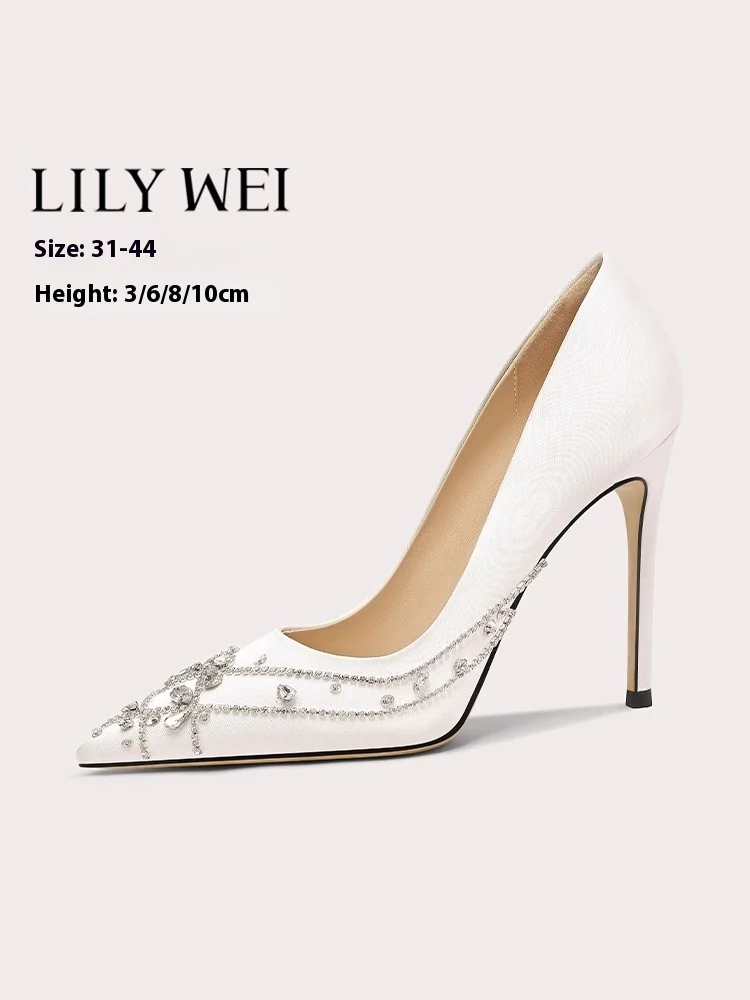

Thin high-heeled sandals spring and summer pointed silk beads rhinestone wedding shoes banquet large size small size women shoes