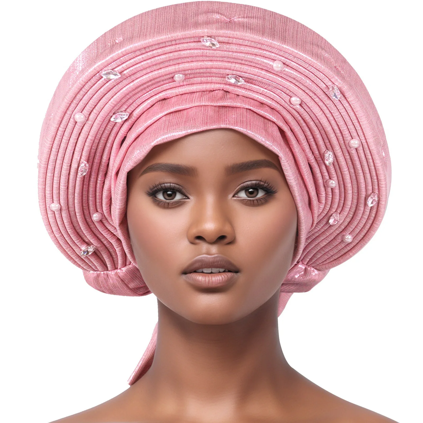 2025 New African Headtie Turban Nigeria Head Ties with Beads Already Made Auto Gele Women Head Wraps for Wedding Party Bonnet