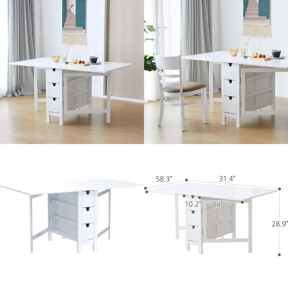 

Solid Hardwood Expandable Drop Leaf Dining Table with 6 Drawers for Space-Saving Kitchen Use