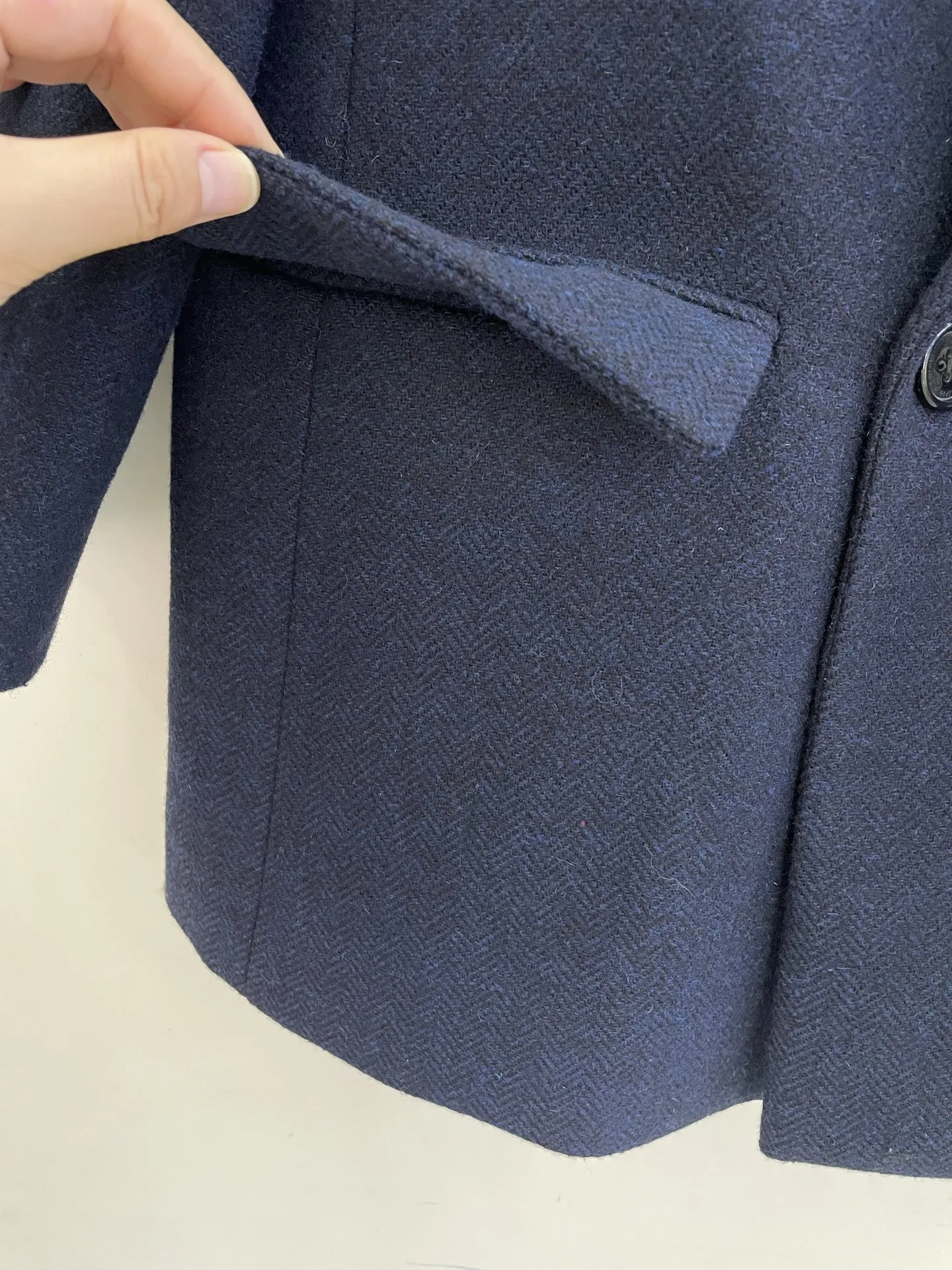 Navy Blue Women Double Breasted Woolen Coat Herringbone Pattern Turn-Down Collar Fall Winter Lady Classic Jacket