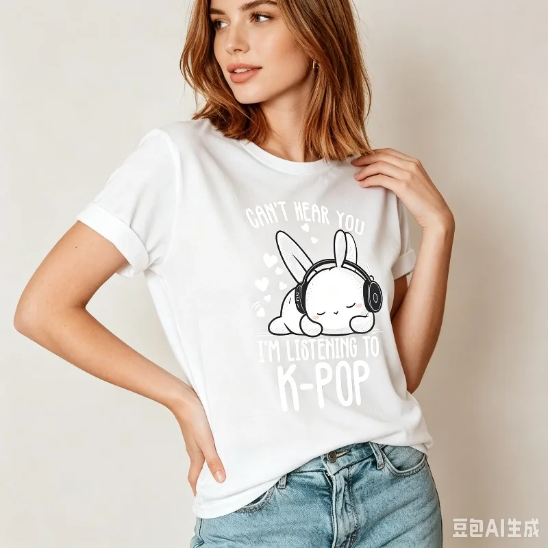Can't Hear You I'm Listening To K-POP Tee Cute Bunny Music Print  Tshirt Black White