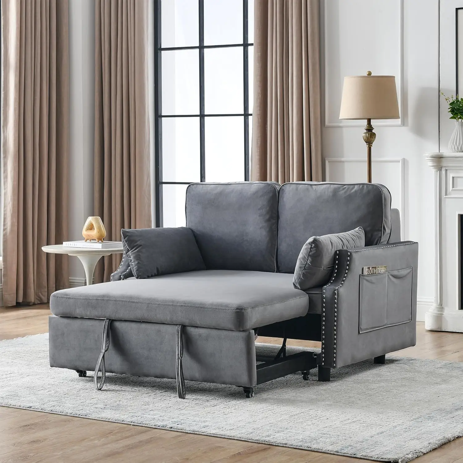 Nailhead Design,2-Seater Sofa with 2 Pillows and Removeable Backrest,Pull-Out Sofa Bed for Small Spaces in Living Rooms(Grey)