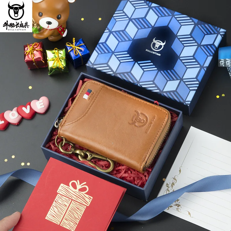 Short real leather men hanging waist access key card clip security brush key bag multi-function waist hanging purse gift box