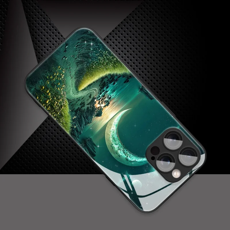Fresh and light green starry sky pattern TPU glass phone case, suitable for iPhone 17, 16, 15, 14, 13, 12, 11, etc.