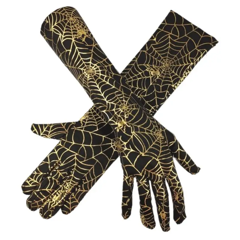 

39BD Stretchable Halloween Party Gloves Golden Spiderweb Pattern Long Witch Gloves