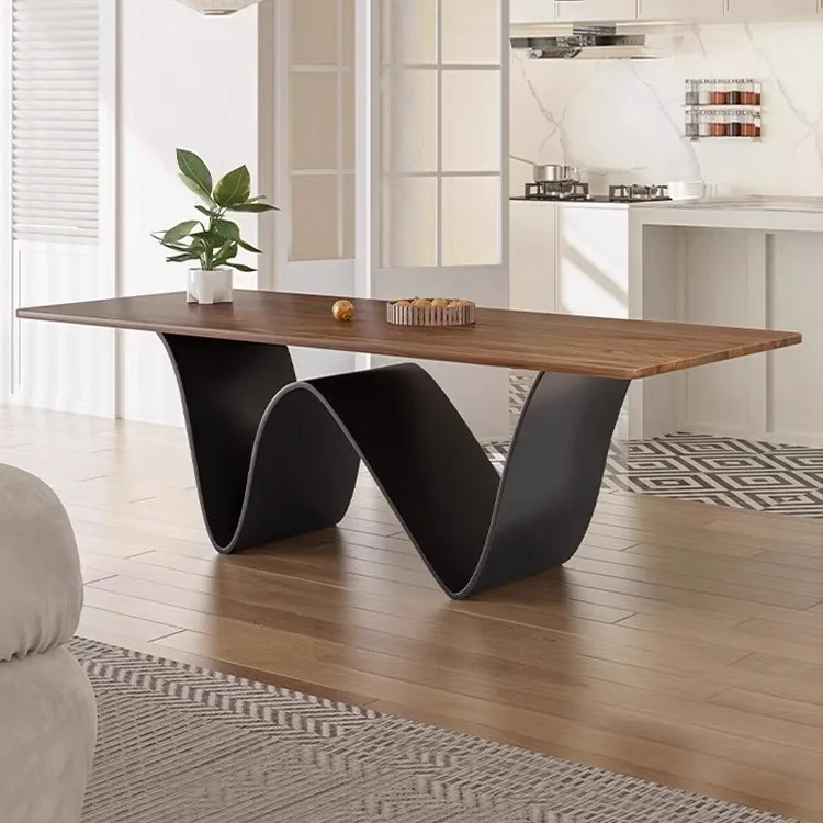 Nordic Style Good Quality Black Walnut Wood Metal Base Dining Table 6 Chairs Rectangle Dining Table For Home